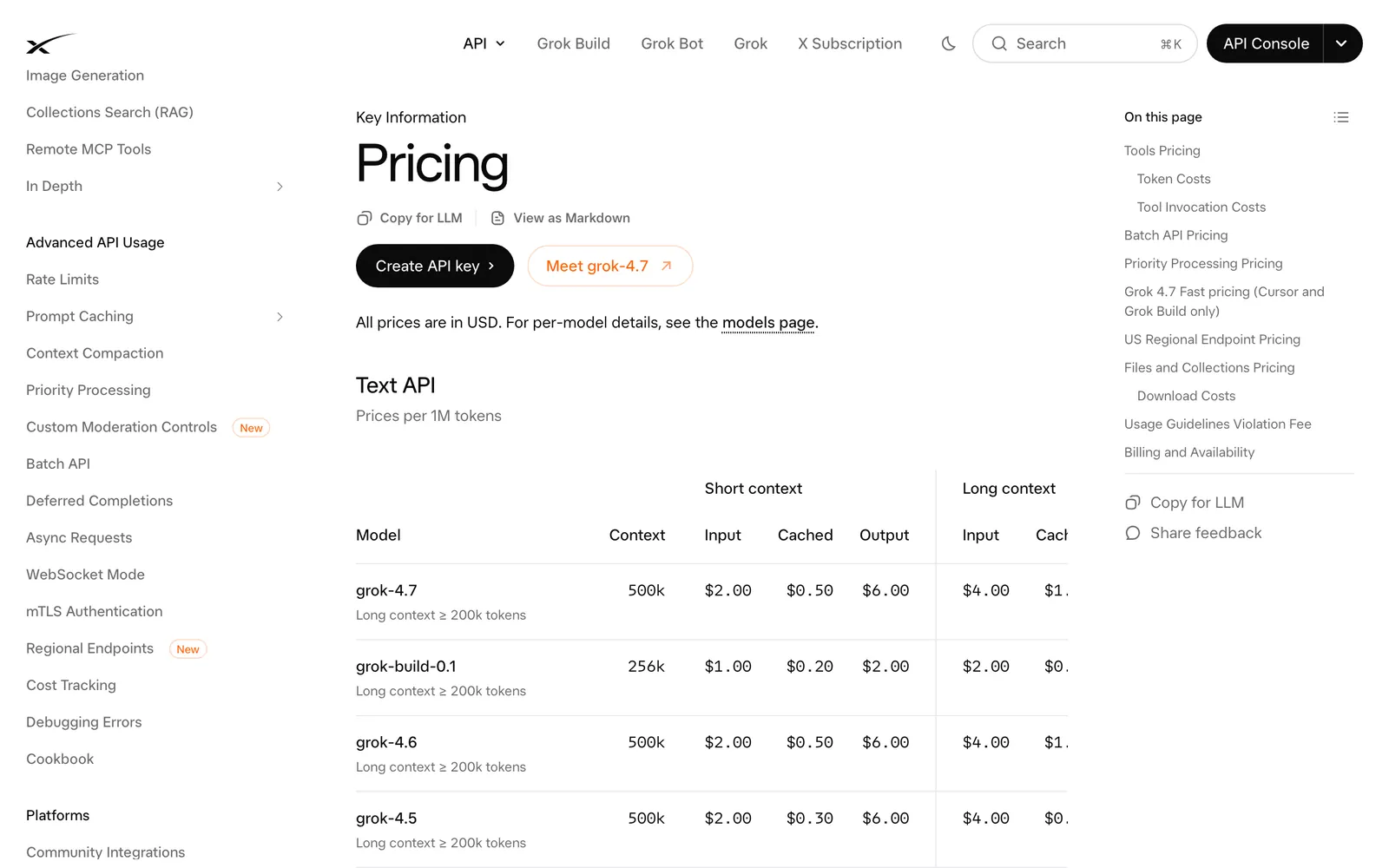 xAI API pricing page showing a Text API table of Grok model prices per million tokens for input, cached input and output.