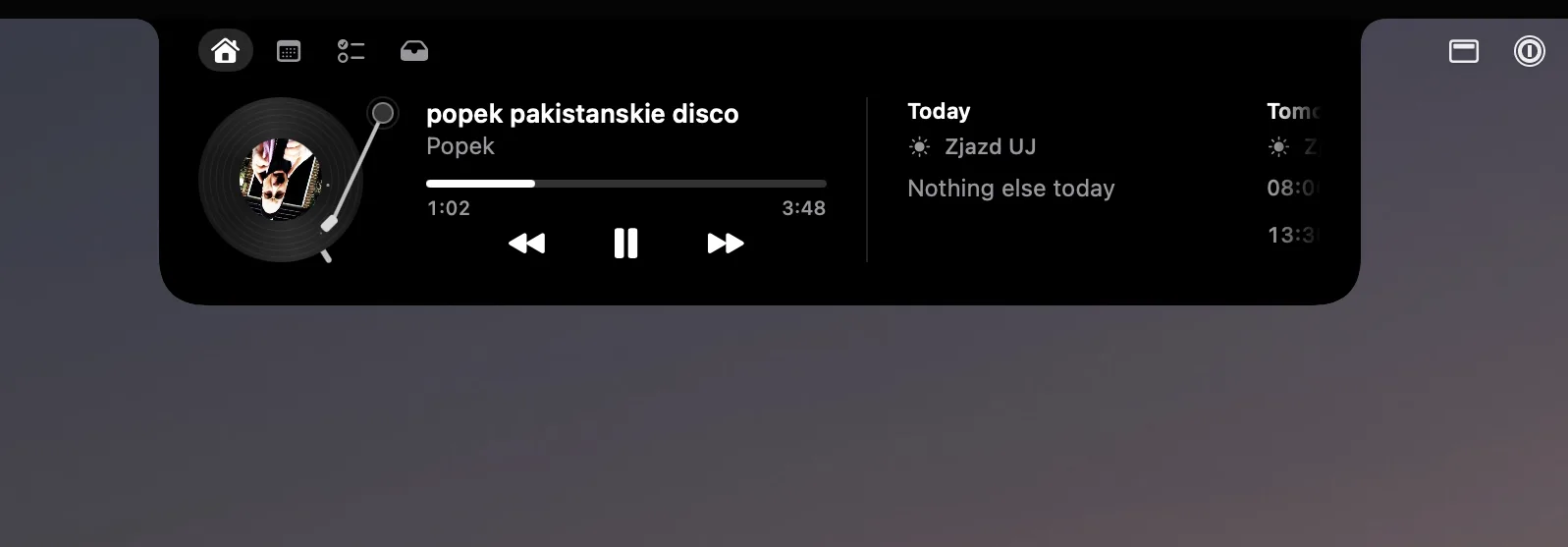 Entailler open under the MacBook notch, showing the track that's playing and today's calendar